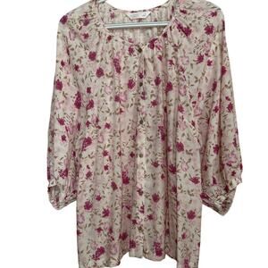 LC Lauren Conrad Women's Floral Cream Pink 3/4 Sleeves Button Up Blouse Size L